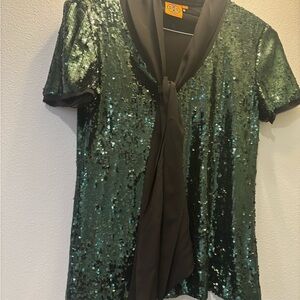 Tory Burch Emerald Sequin Blouse with Black Trim